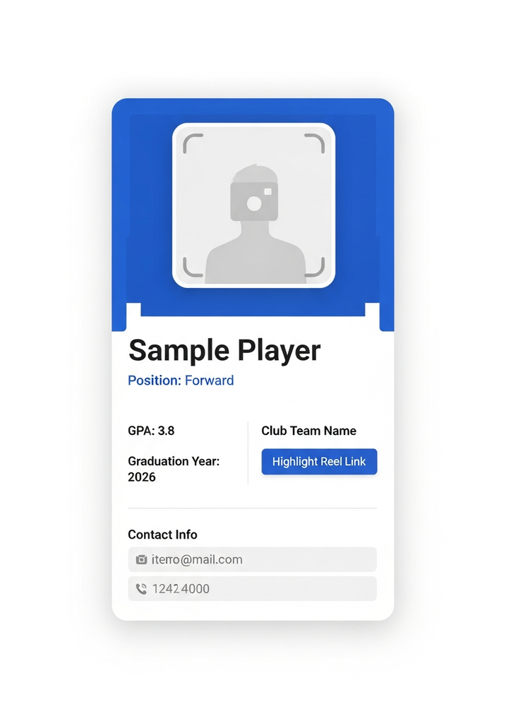 Sample player profile card showing stats, academics, and highlights